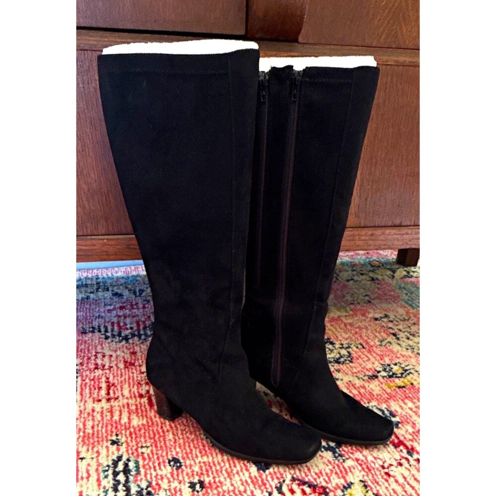 Women's Knee High Boots Faux Suede Size 8M Black Square Toe Dbl Side Zippers